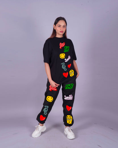 Women Love Smiley Oversized Co-Ord Set - Black and Black