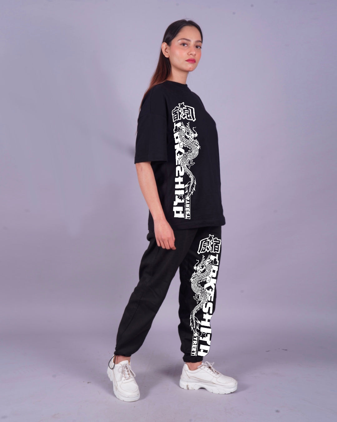 Women Japanese Dragon Oversized Co-Ord Set - Black and Black