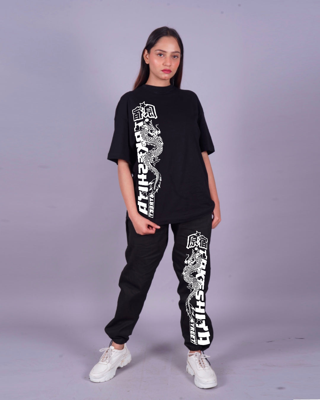 Women Japanese Dragon Oversized Co-Ord Set - Black and Black