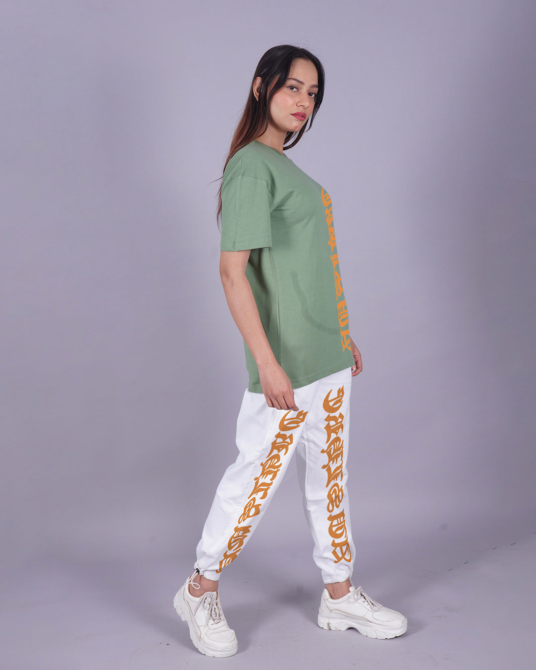 Women Letterman Oversized Co-Ord Set - Mint Green and White