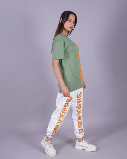 Women Letterman Oversized Co-Ord Set - Mint Green and White