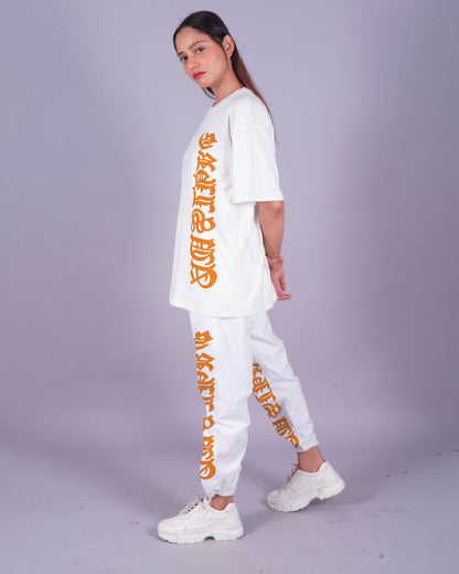 Women Letterman Oversized Co-Ord Set - White and White