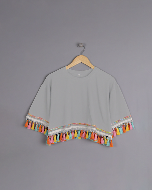 Foggy Delight: Multicolored Tassel Trim Tops