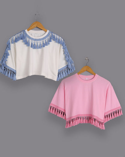 Summer Tops: 2 Cotton Candy Pink & Off-White Tassel Tees, 100% Cotton