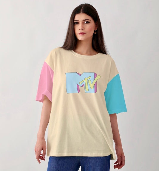 MTV Dual Colour Sleeves Butter Cream Long Oversized T-Shirt for Women