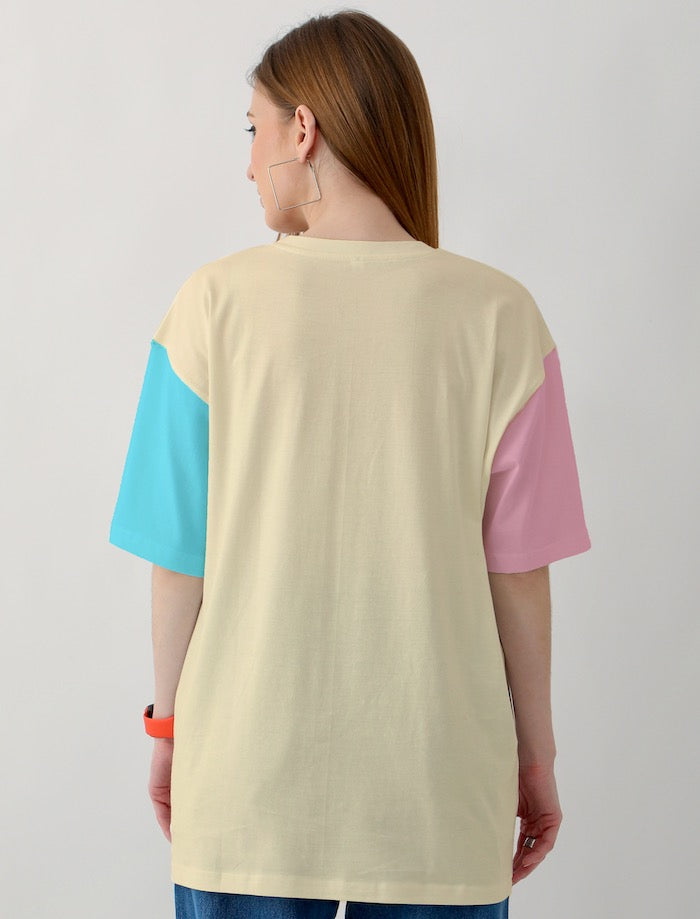 MTV Dual Colour Sleeves Butter Cream Long Oversized T-Shirt for Women