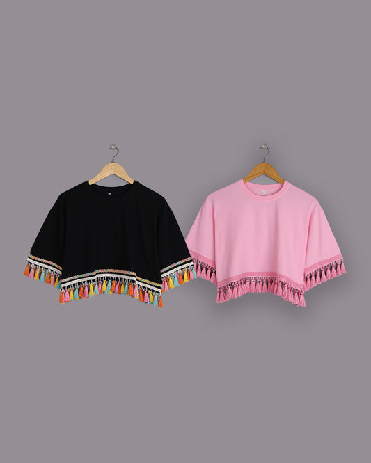 Oversized Ladies Tops in Black & Cotton Candy Pink with Multicolored Tassel Trim