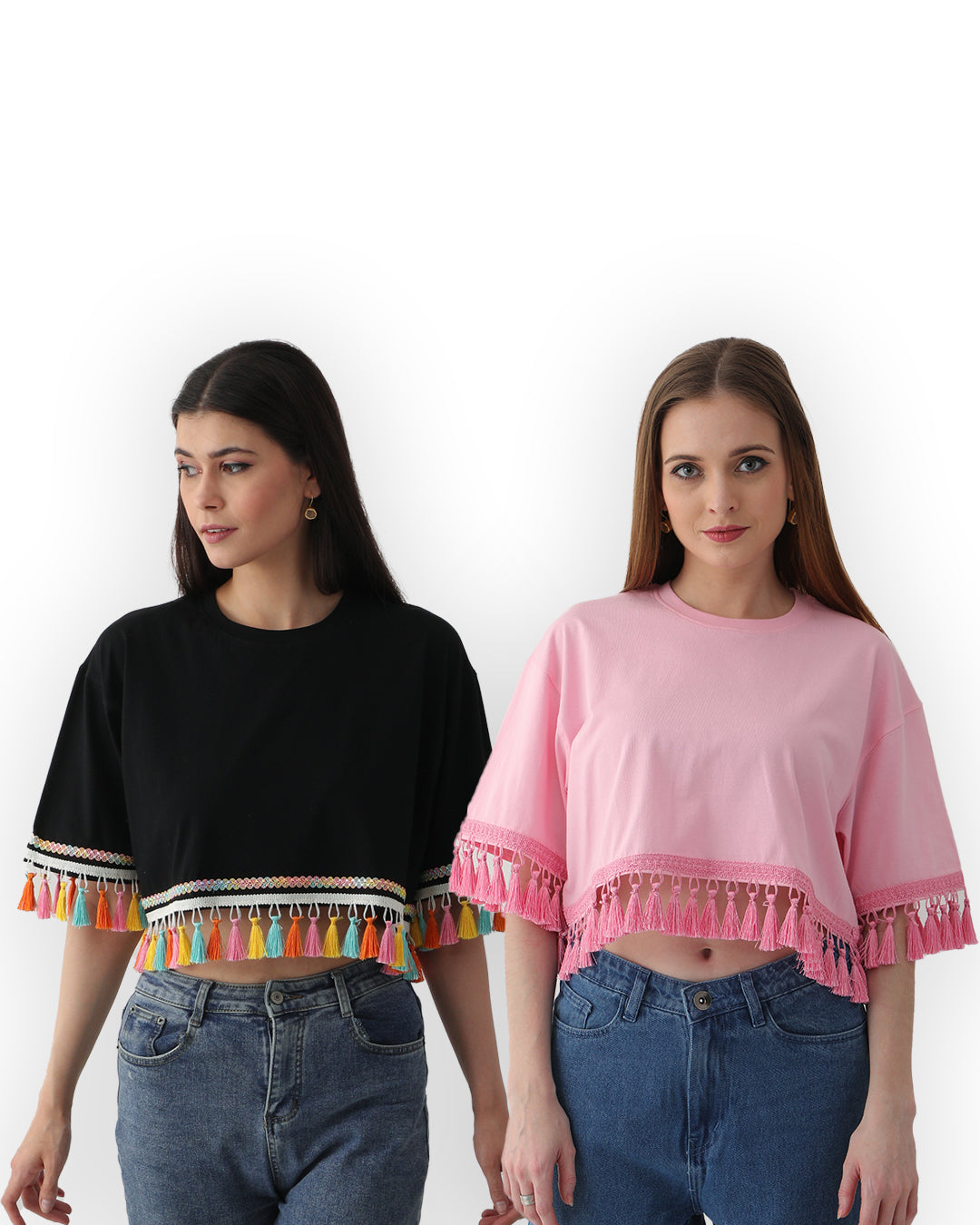 Oversized Ladies Tops in Black & Cotton Candy Pink with Multicolored Tassel Trim