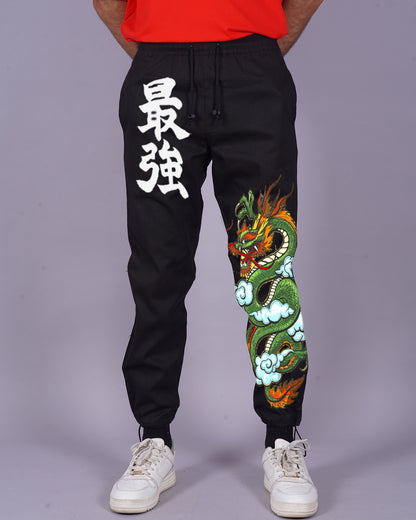 Men Black Cargo Pants - Dragon Print