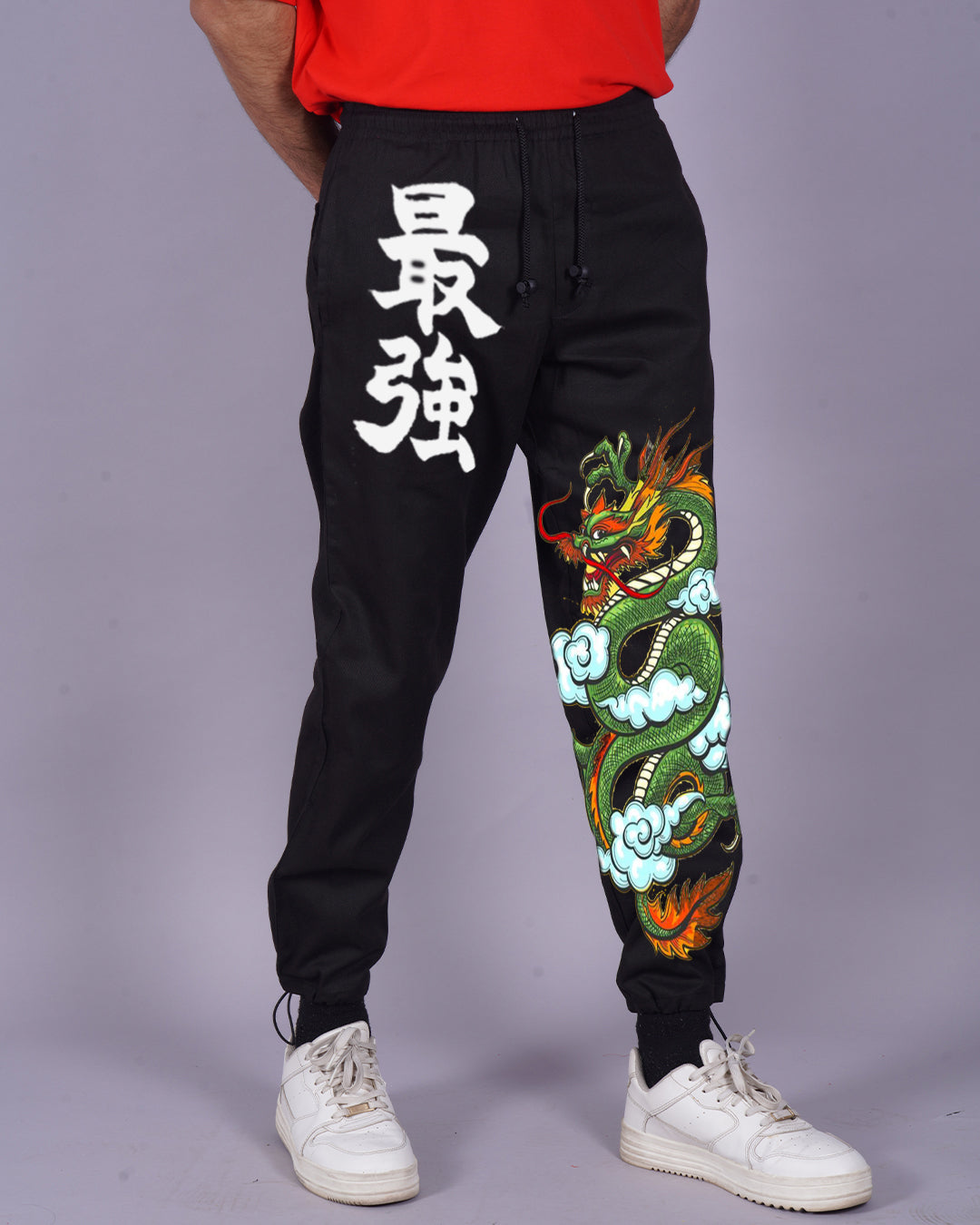 Men Black Cargo Pants - Dragon Print