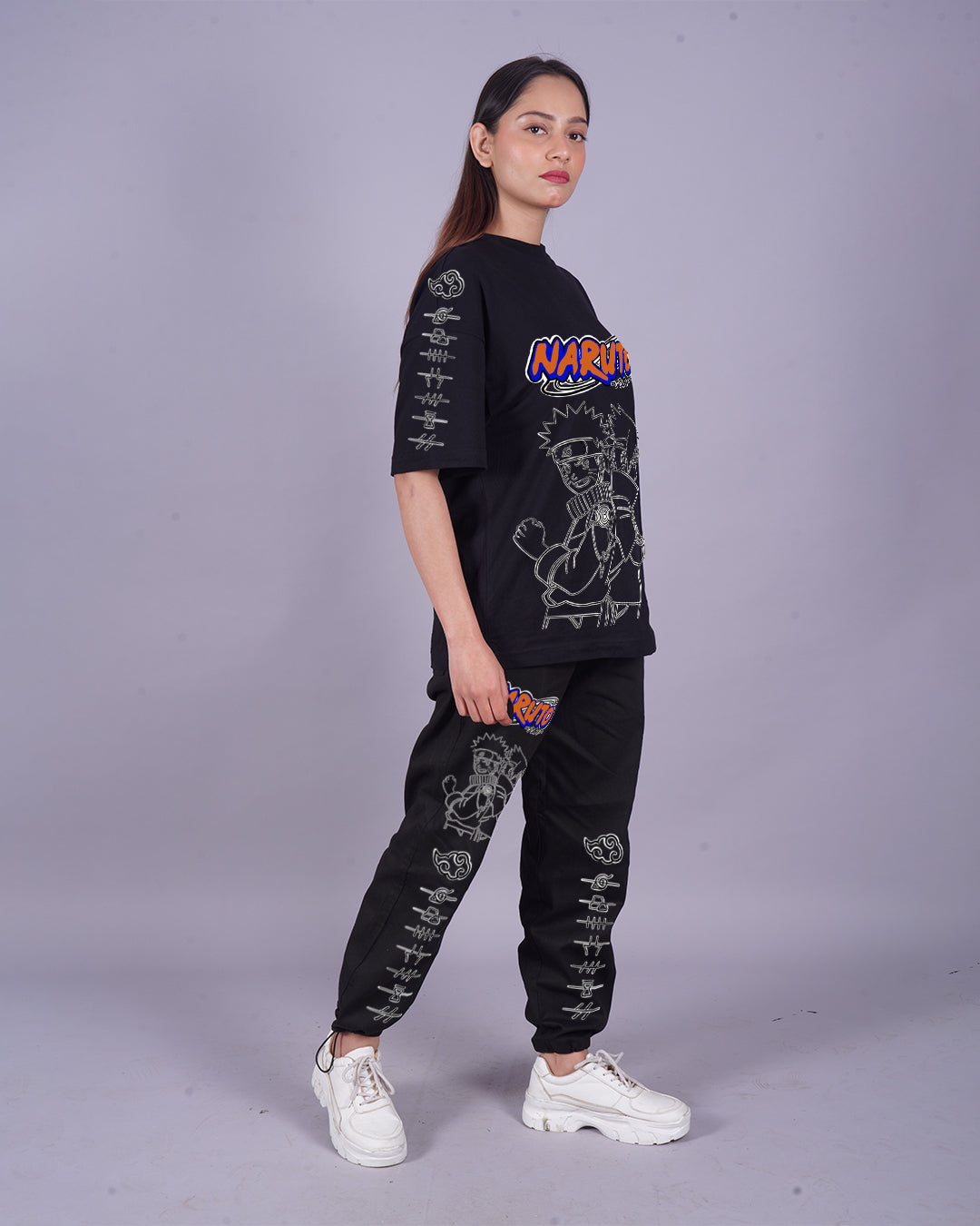 Women Naruto Graphic Oversized Co-Ord Set - Black and Black