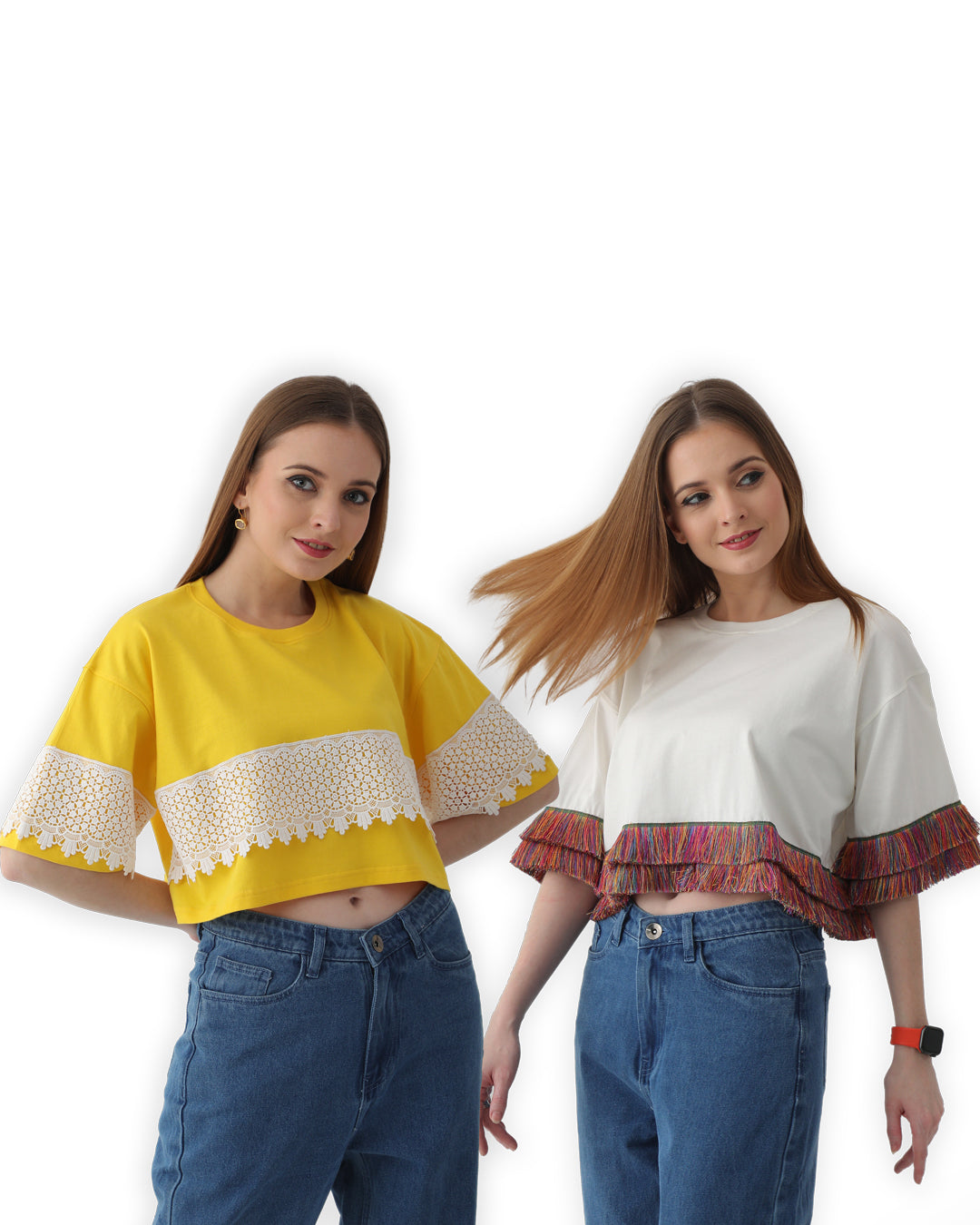 2 Women's Oversized Tops: Yellow Lace & Off-White Fringes, 100% Cotton