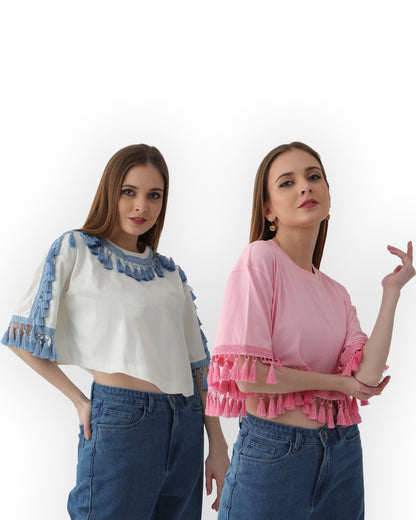 Summer Tops: 2 Cotton Candy Pink & Off-White Tassel Tees, 100% Cotton