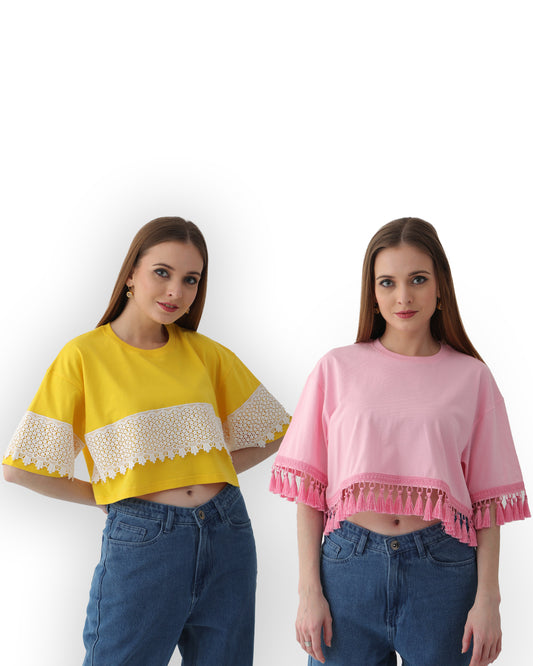 2 Oversized Women's Tops: Yellow with White Lace & Pink with Pink Tassels, 100% Cotton