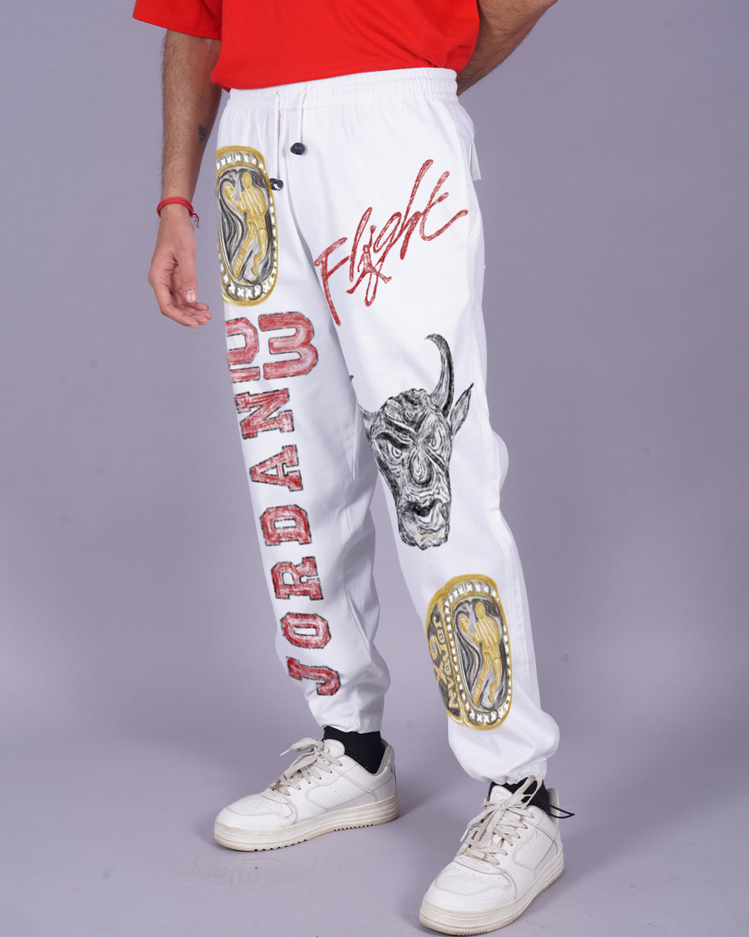 Men's White Cargo Pants - Crayon Design