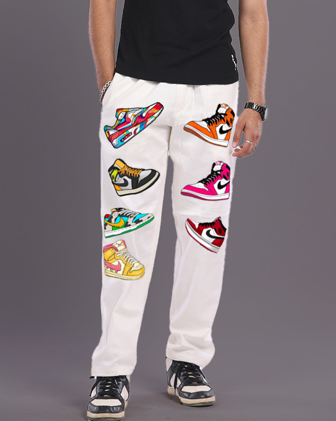 Mens White Cotton Pants with Sneaker Design