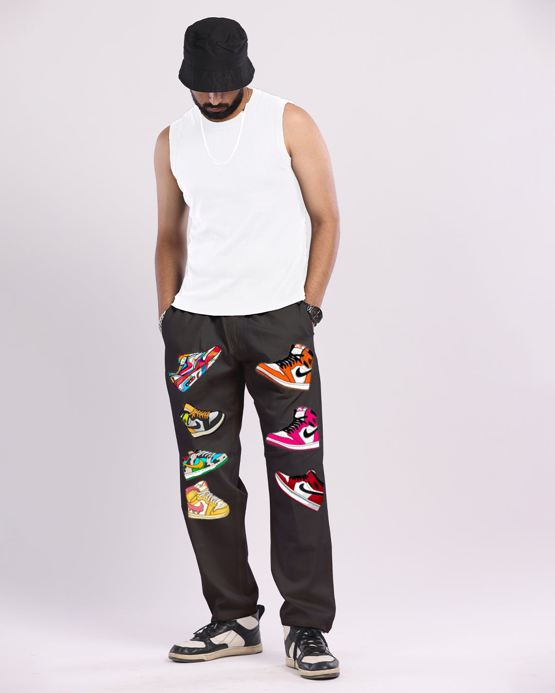 Mens Black Cargo Pants with Sneaker Design