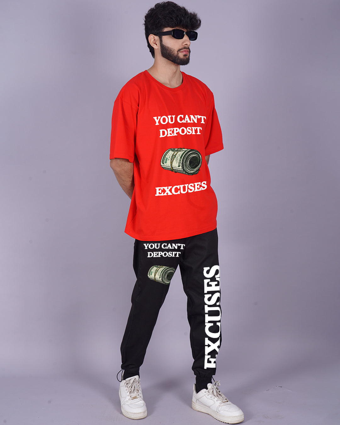 Men's Excuses Oversized Co-ord Set in Red and Black