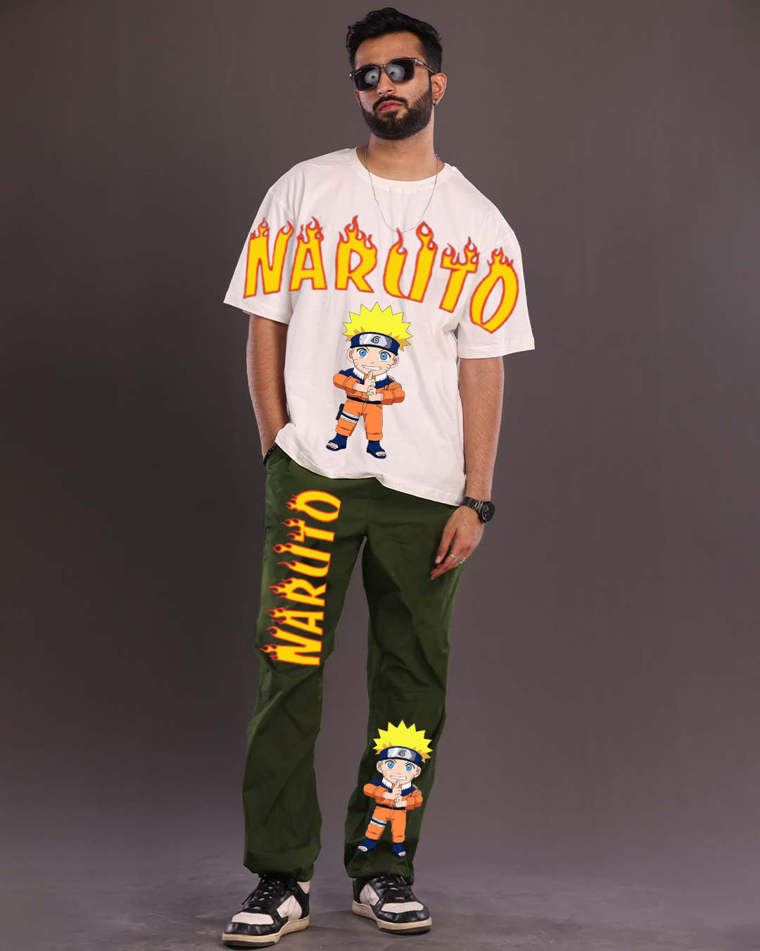 Men's Naruto Fire Oversized Co-Ord Set - White and Olive