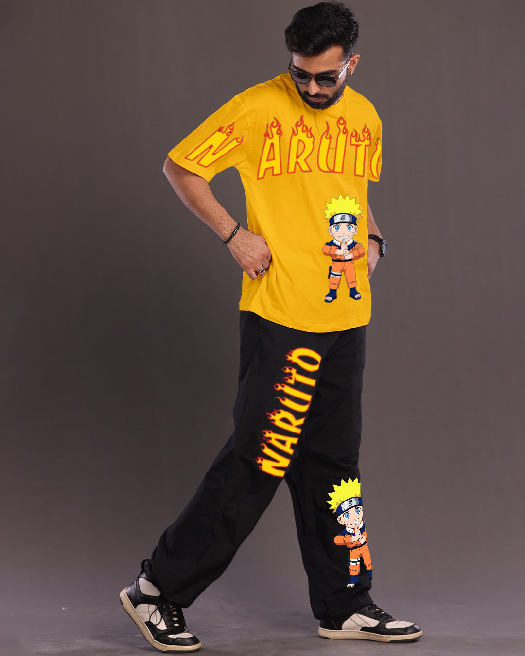 Men's Naruto Fire Oversized Co-Ord Set - Yellow and Black