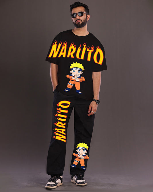 Men's Naruto Fire Oversized Co-Ord Set - Black and Black