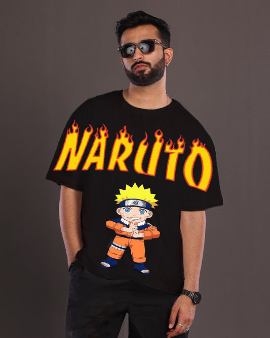 Men's Black Oversized T-Shirt - Naruto Fire