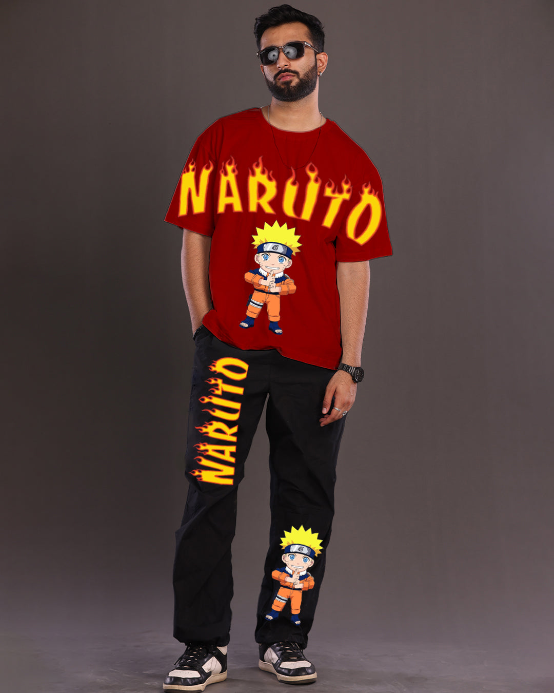 Men's Naruto Fire Oversized Co-Ord Set - Red and Black