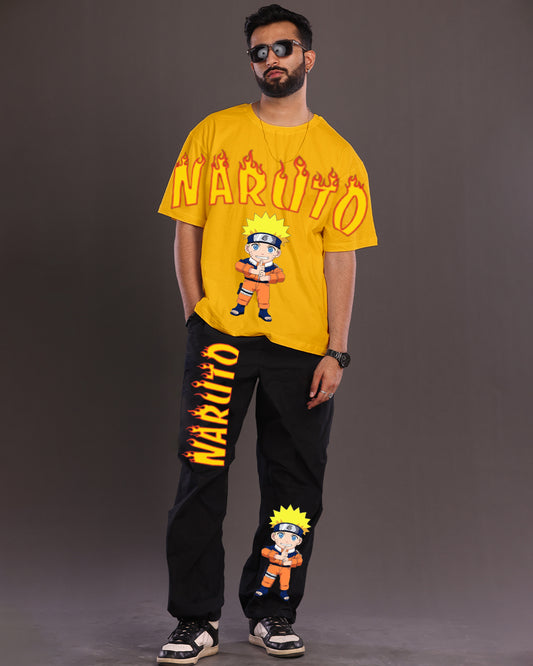 Men's Naruto Fire Oversized Co-Ord Set - Yellow and Black