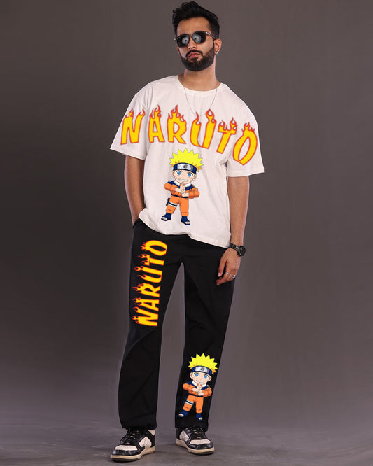 Men's Naruto Fire Oversized Co-Ord Set - White and Black