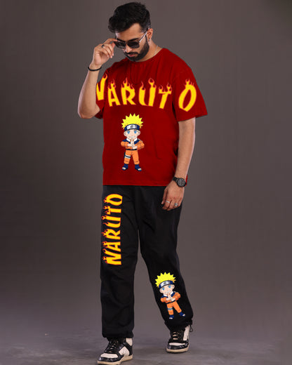Men's Naruto Fire Oversized Co-Ord Set - Red and Black