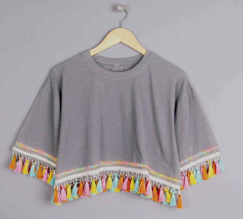 3-Pack Women's Oversized Tassel Tops: Fog Grey, Yellow & Pink, 100% Cotton