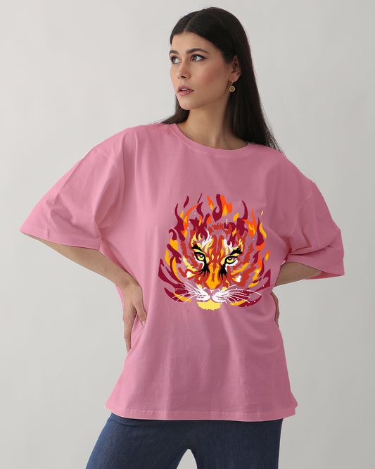 Oversize Pink T-Shirt for Women with Tiger Design