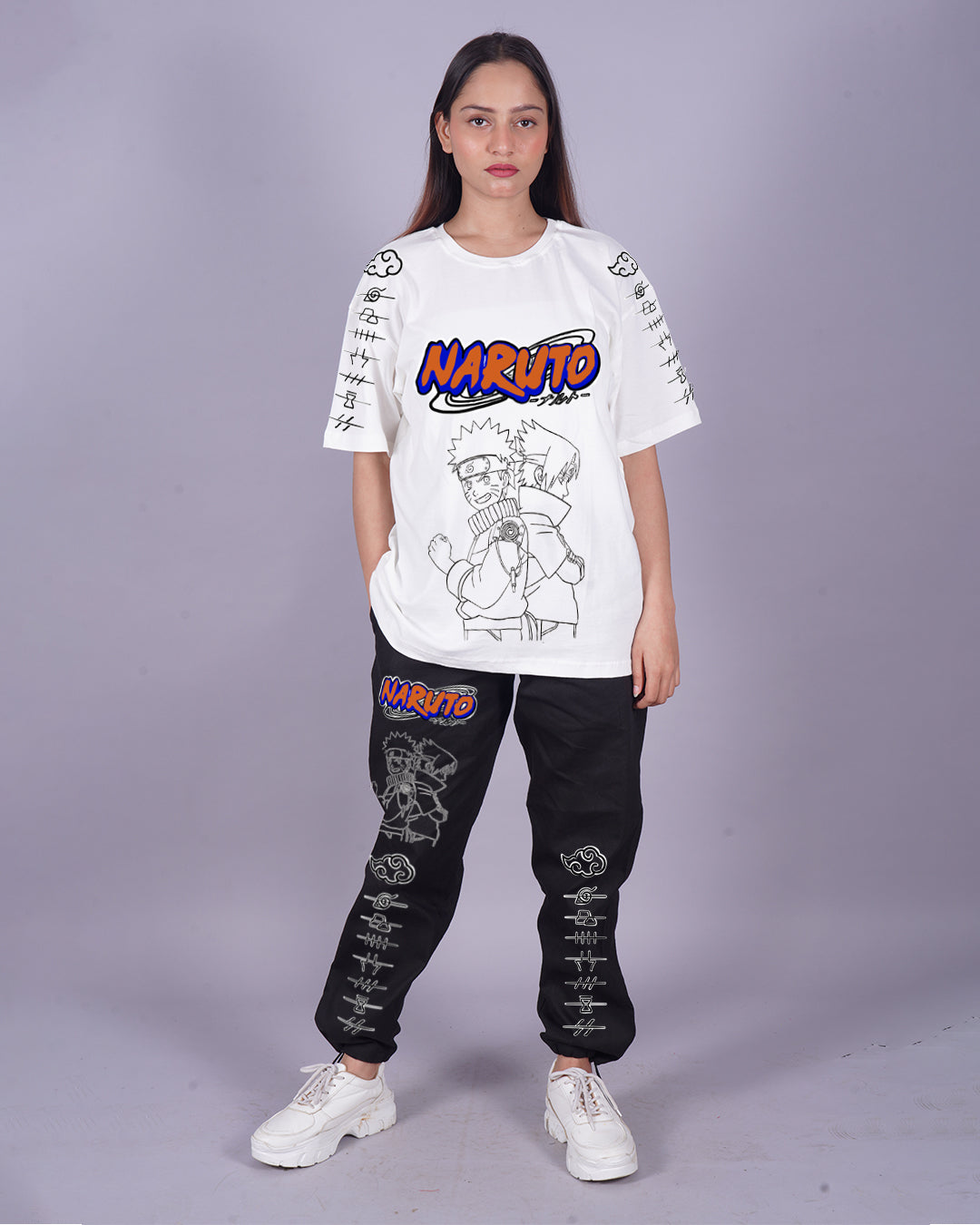 Women Naruto Graphic Oversized Co-Ord Set - White and Black