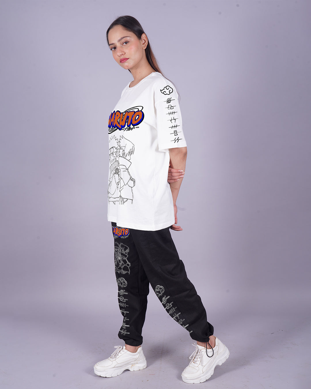 Women Naruto Graphic Oversized Co-Ord Set - White and Black