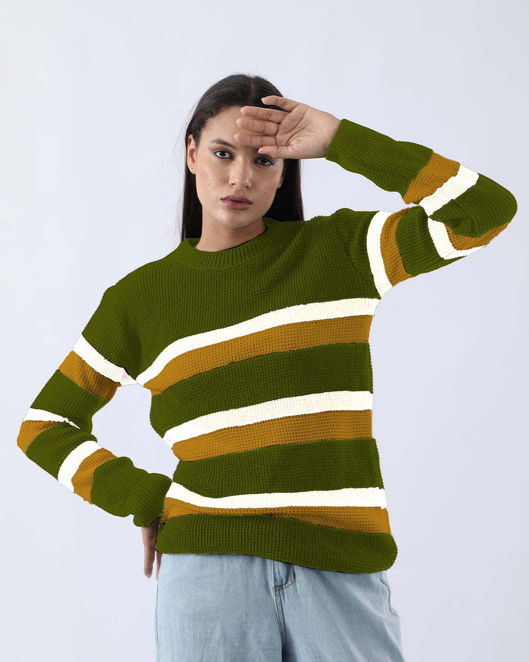 Premium Long Sleeve Crew Neck Pullovers - Bottle Green Striped