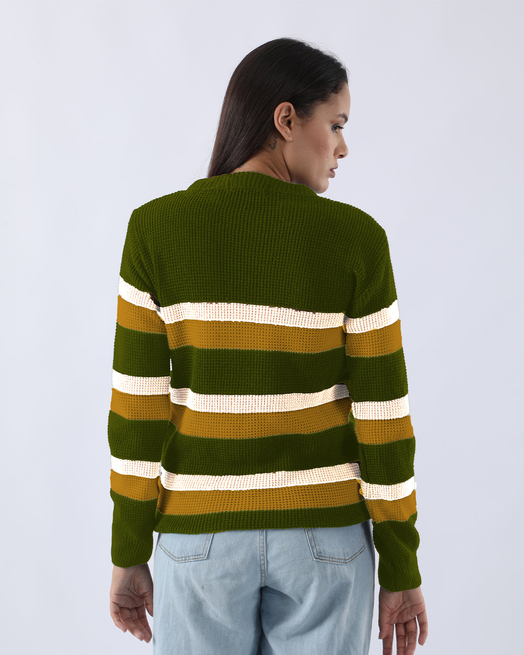 Premium Long Sleeve Crew Neck Pullovers - Bottle Green Striped