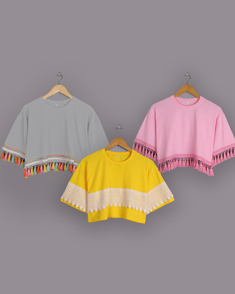 3-Pack Women's Oversized Tassel Tops: Fog Grey, Yellow & Pink, 100% Cotton