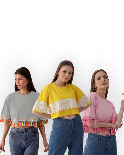 3-Pack Women's Oversized Tassel Tops: Fog Grey, Yellow & Pink, 100% Cotton