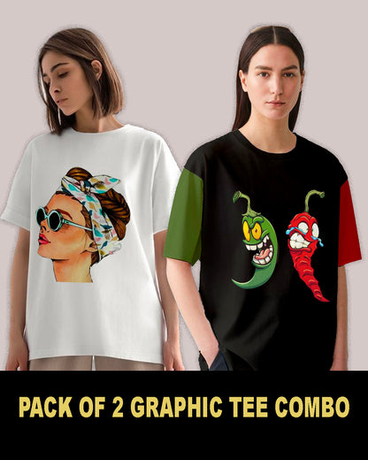 Pack of 2 Goggy Mirchi Unisex Oversized T-Shirts for Women