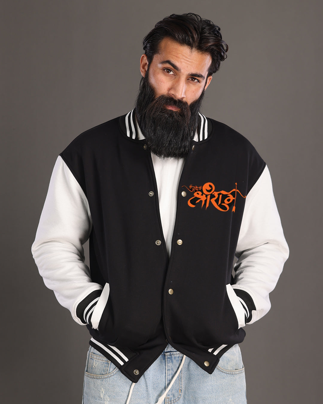 Hanuman Ji Inspired Oversized Black Varsity Jacket for Men