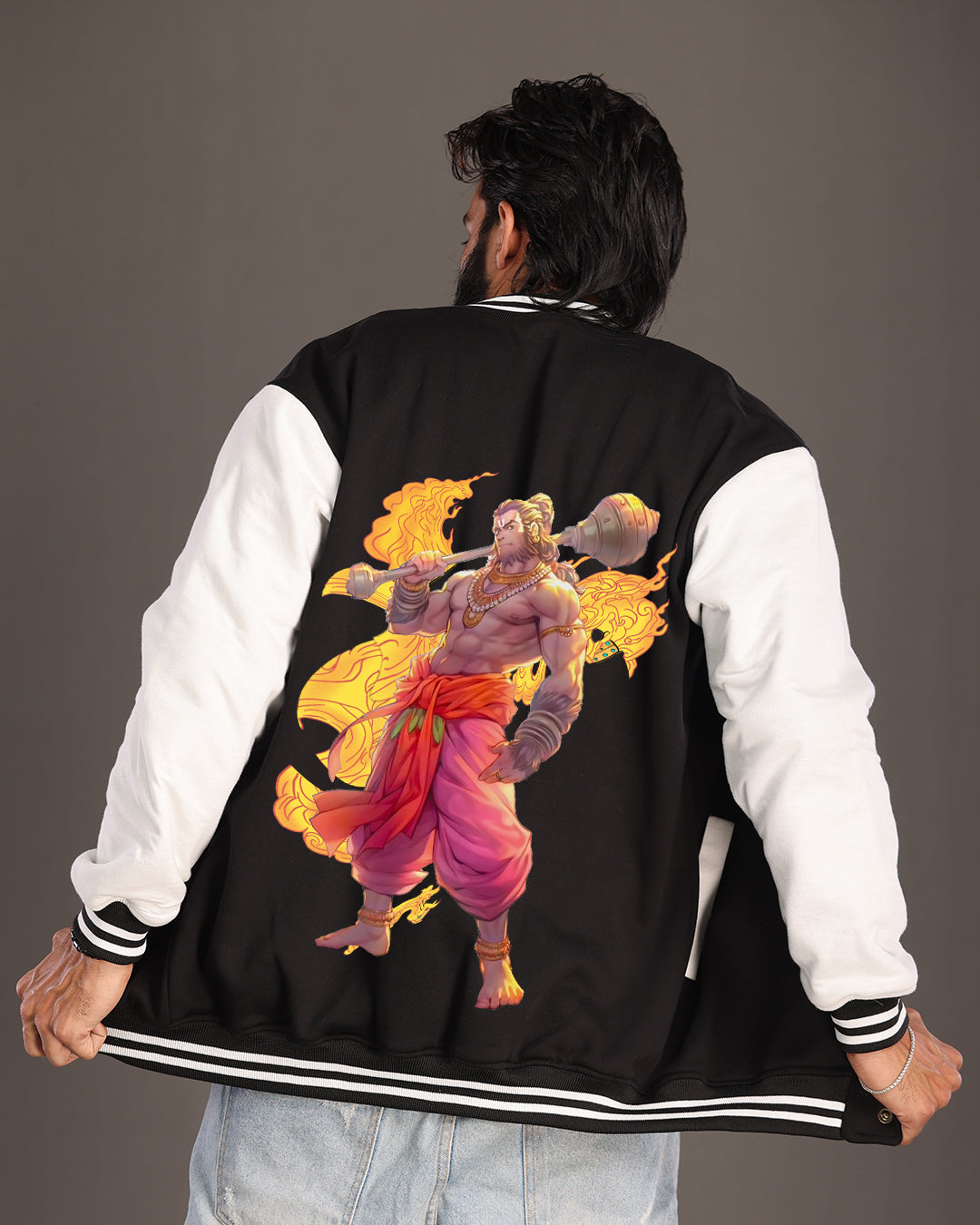 Hanuman Ji Inspired Oversized Black Varsity Jacket for Men