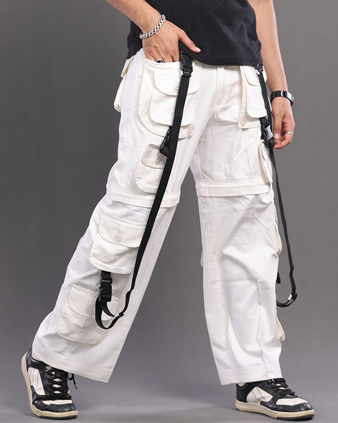 White MaxFlex Cargo Pants: Air Ease Commando Multi-Pocket Style