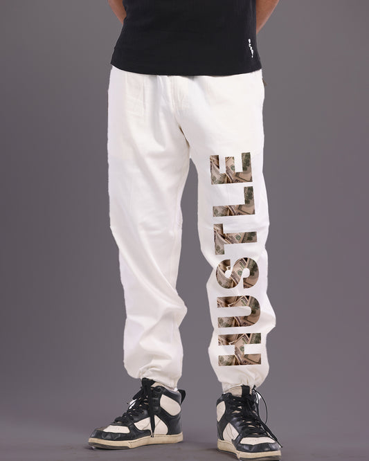 Work Hard : Men White Cotton Pant with Hustle Print