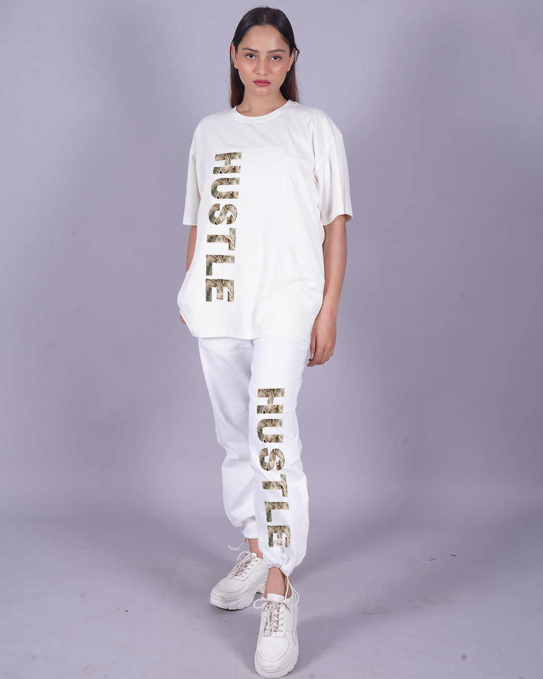 Women Hustle Oversized Co-Ord Set - White and White