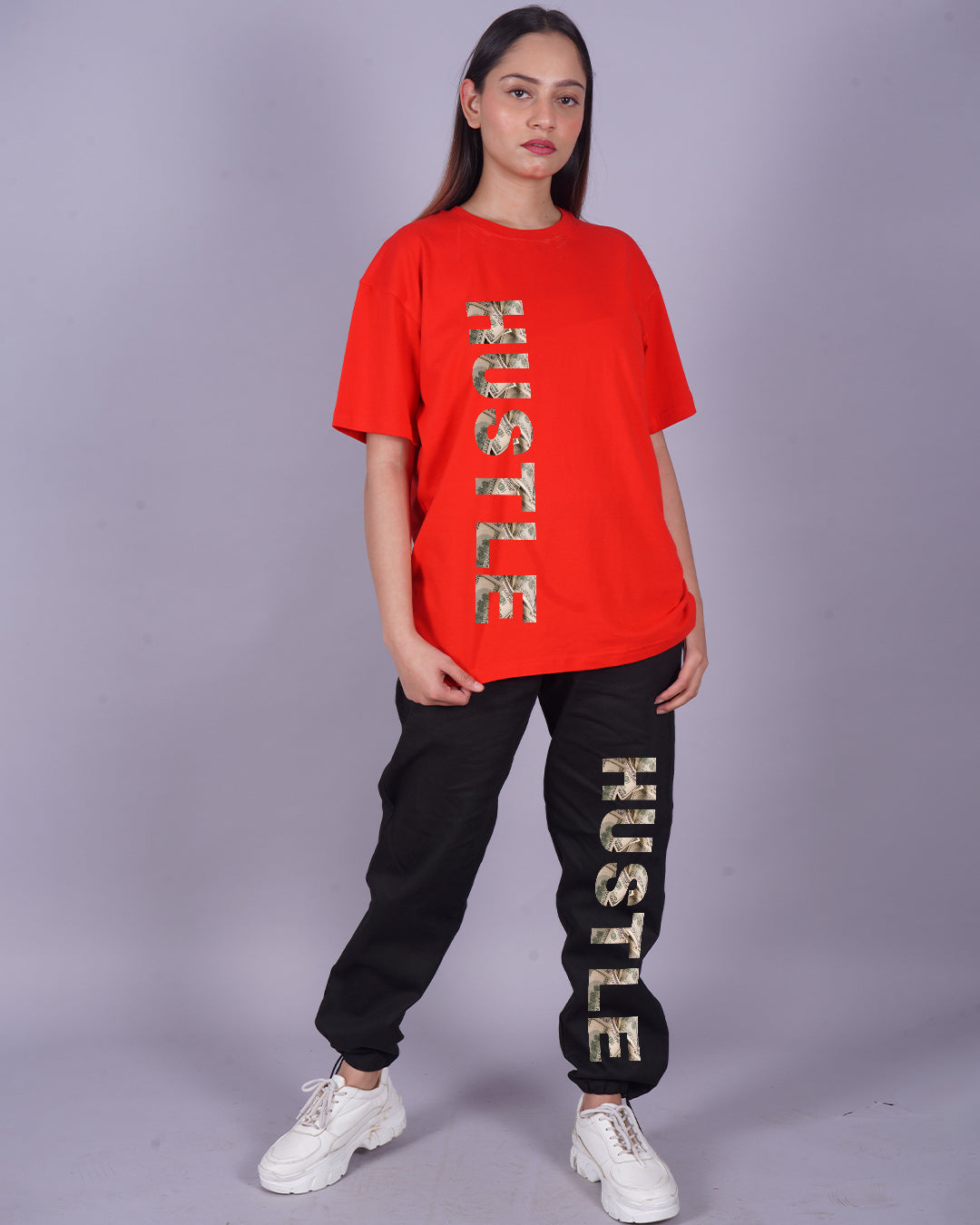 Women Hustle Oversized Co-Ord Set - Red and Black