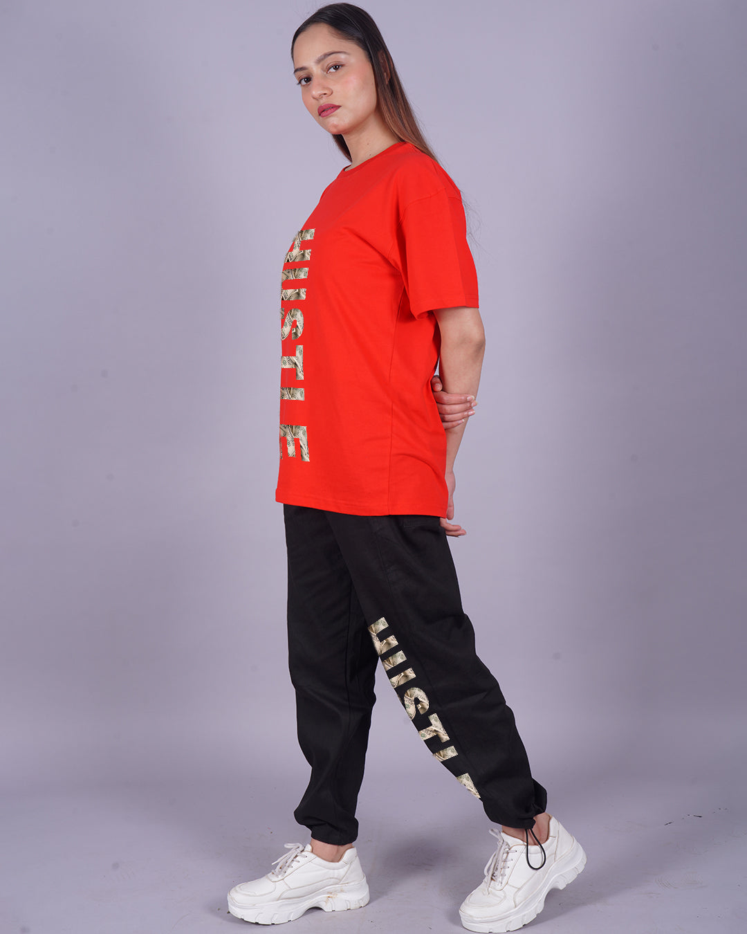 Women Hustle Oversized Co-Ord Set - Red and Black