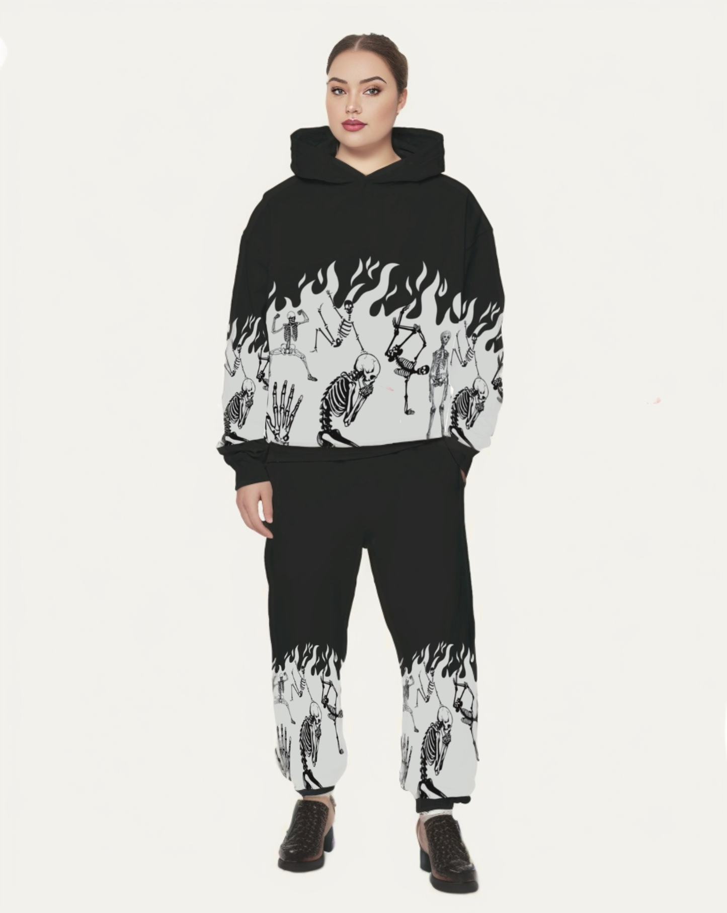 Men's Chilling Skeleton Hoodie Oversized Co-ord Set - Black and Black