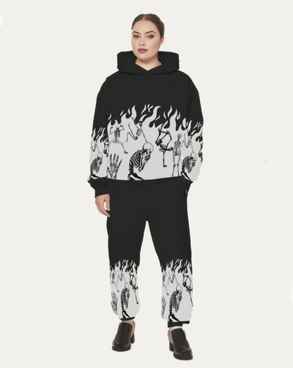 Women Chilling Skeleton Hoodie Oversized Co-ord Set - Black and Black