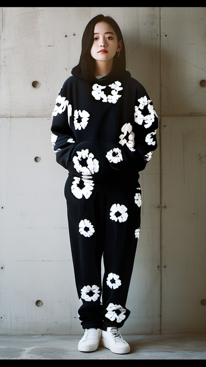 Women Flower World Hoodie Oversized Co-ord Set - Black and Black