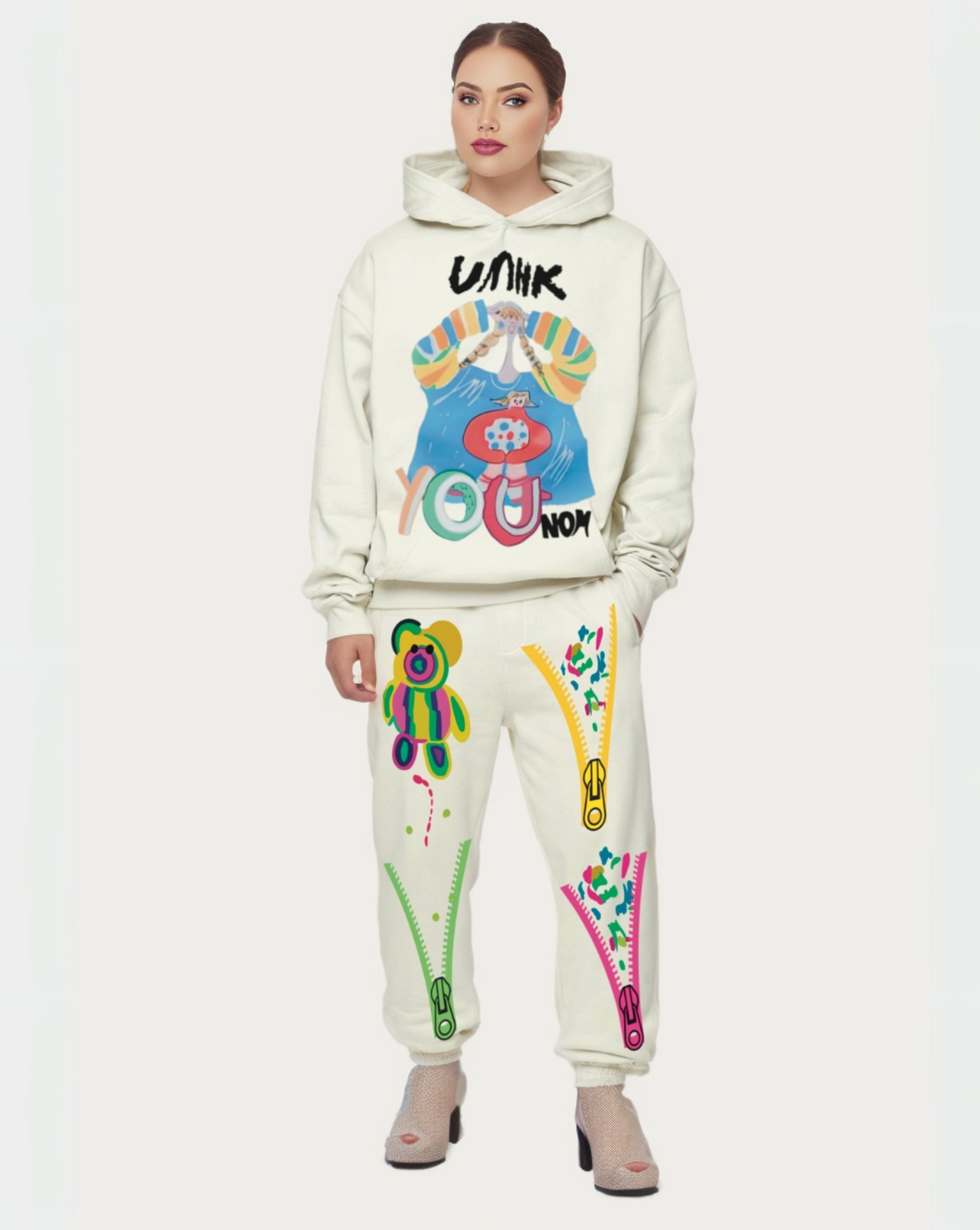 Women UMHK Hoodie Oversized Co-ord Set - White and White